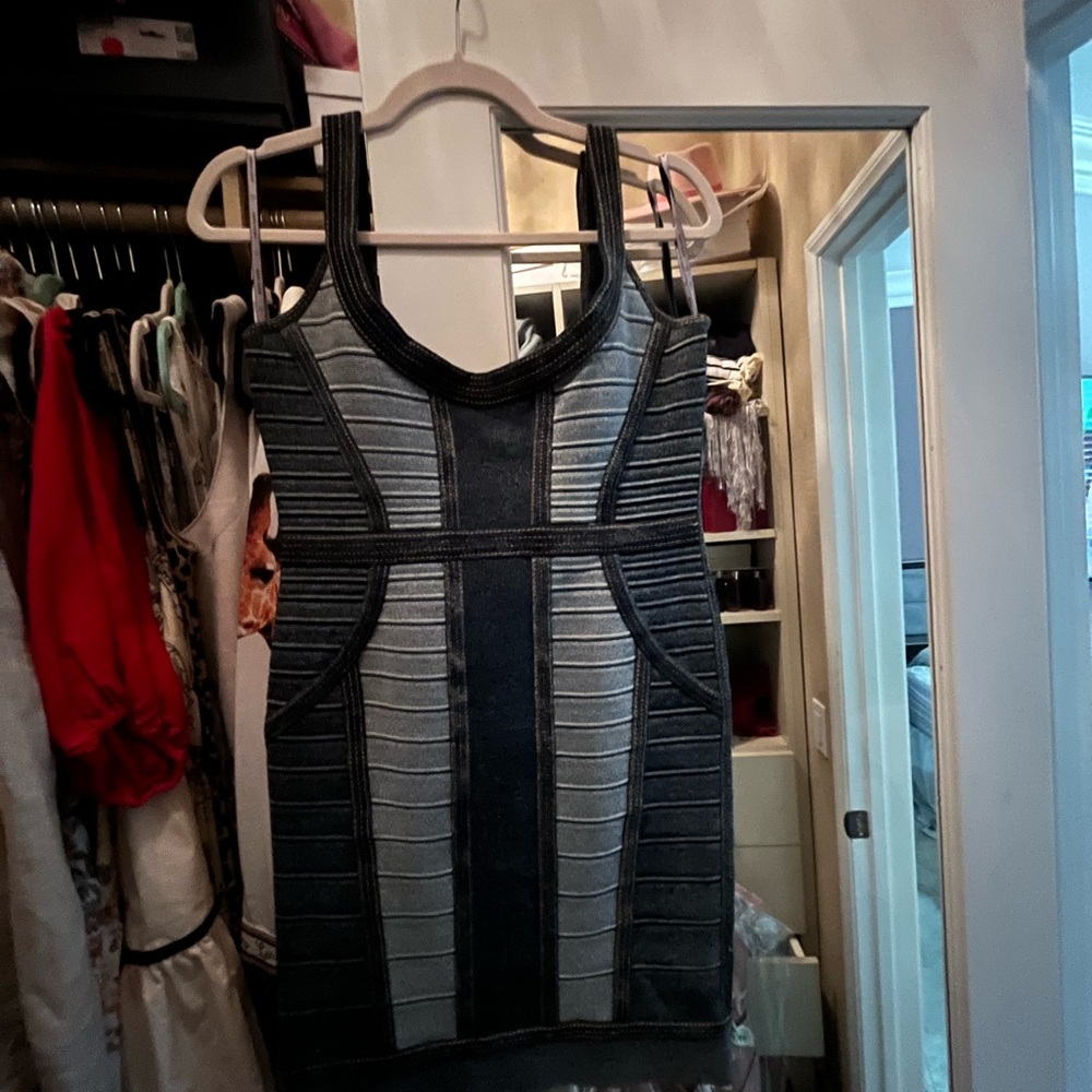 Denim Herve Leger bandage dress. Seen on Rachel McAdams in Southpaw.